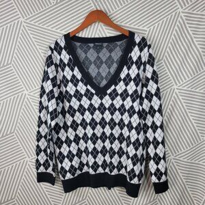 Torrid Argyle Pullover Sweater Plus Size 1X Black White Check Alt V Neck
